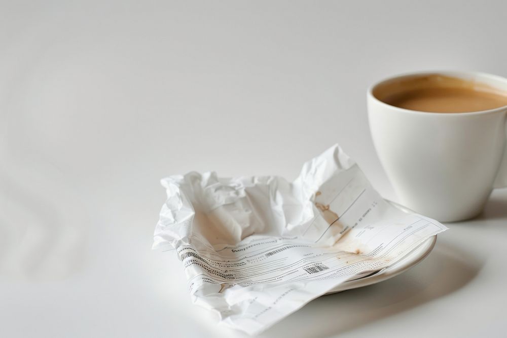 Crumpled receipt coffee cup white.