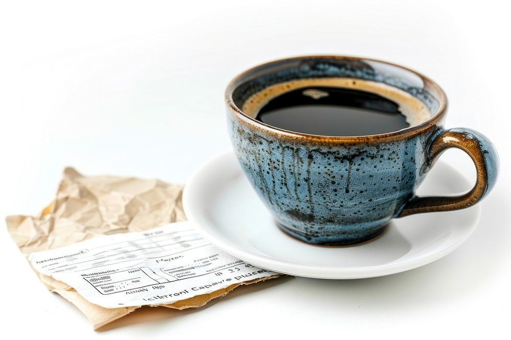 Crumpled receipt coffee cup saucer.