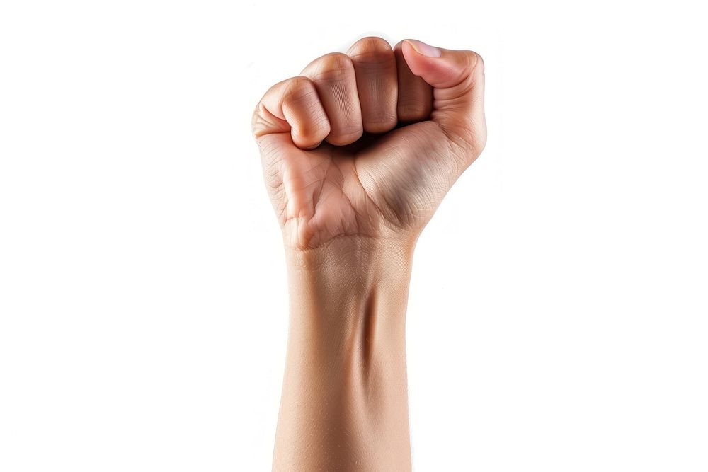 Hand raising fist with a hand raising 5 fingers white background strength holding.