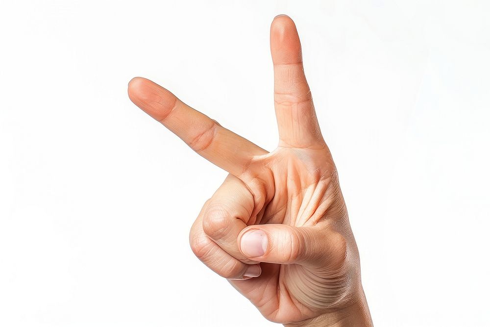 Hand v sign finger white background gesturing.
