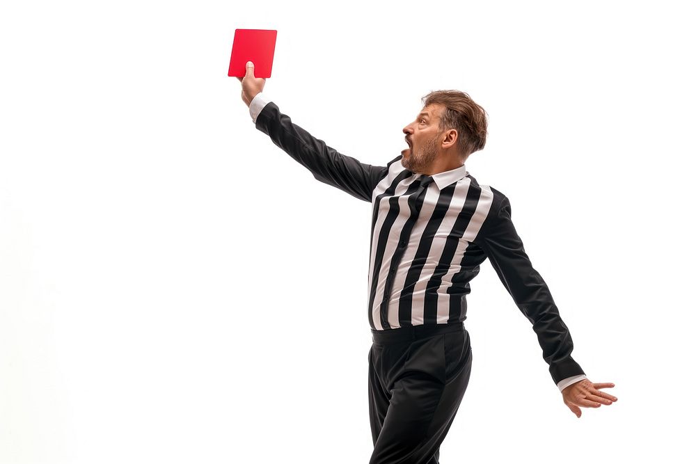 Photo of a referee showing a red card while holding it upwards shouting adult white background.