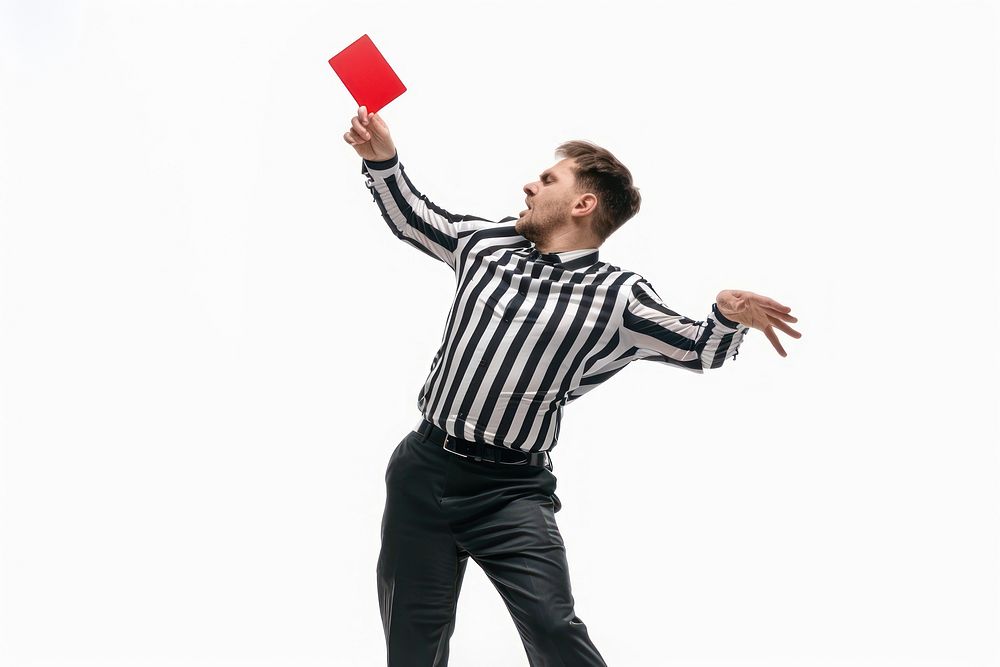 Photo of a referee showing a red card while holding it shouting adult white background.