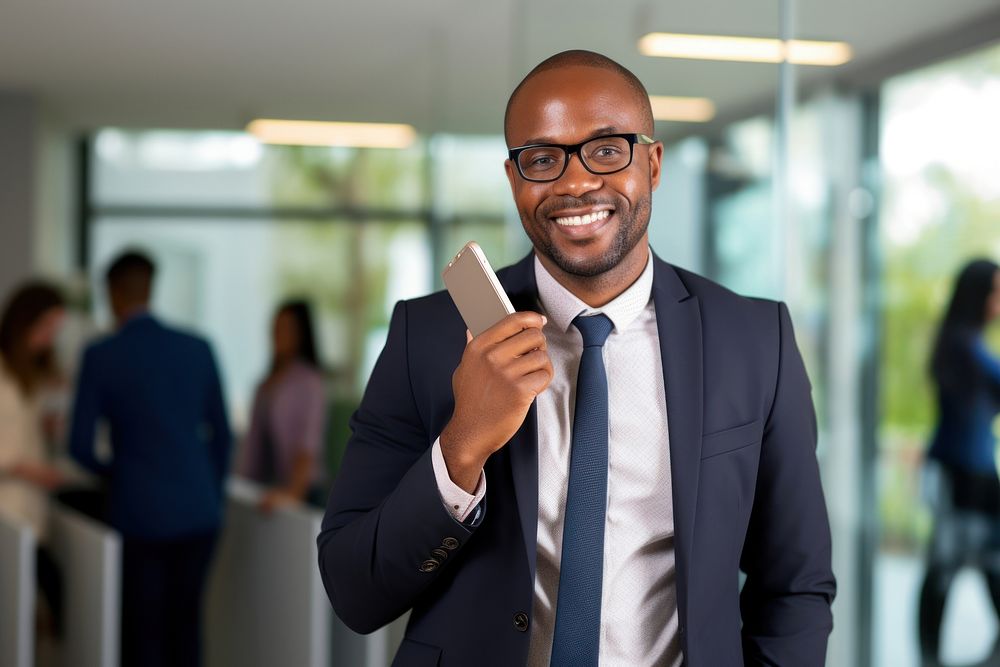 Smiling confident african businessman looking at camera and standing in an office at team meeting glasses smiling adult.