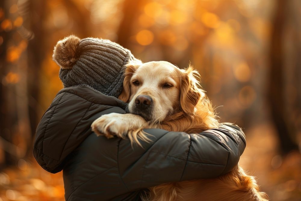 Adorable dog hug by owner mammal animal nature.
