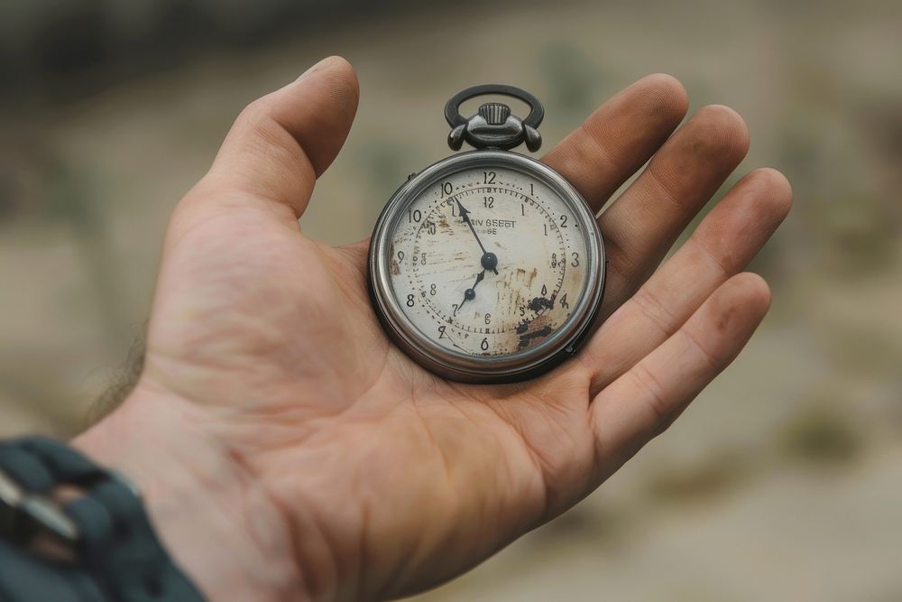 Hand holding old fashioned metal stopwatch locket accessories wristwatch.