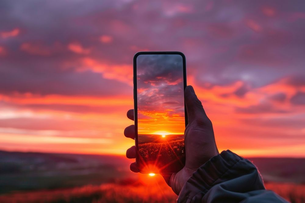 Photo of hand holding smartphone outdoors sunset nature.