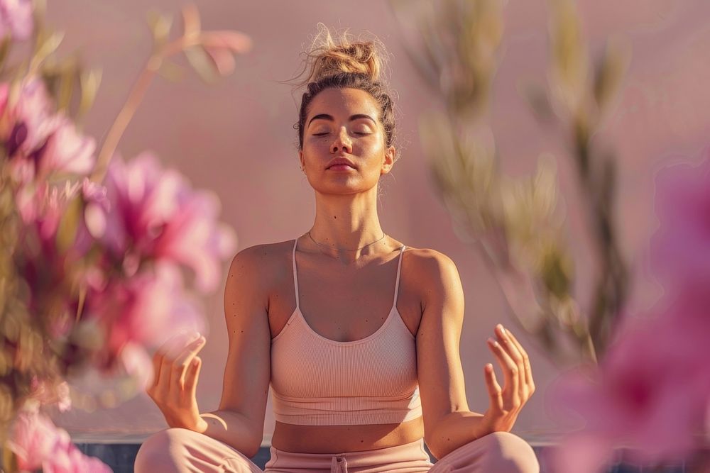 Wellness woman yoga meditating sports adult.