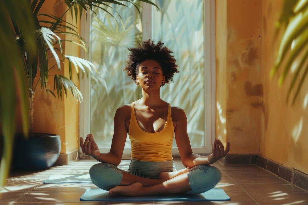 Healthy wellness woman yoga meditating sports.
