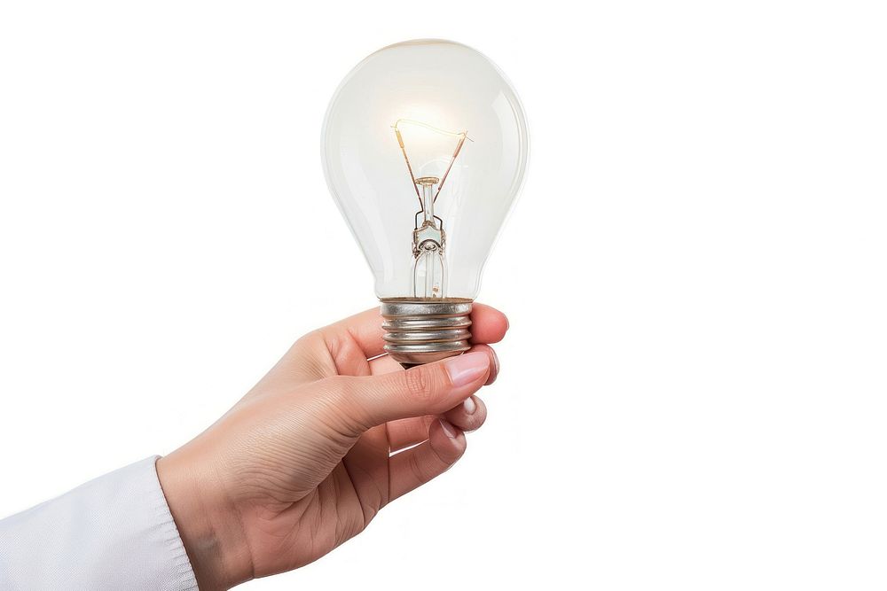 Photo of person holding light bulb lightbulb lighting white background.