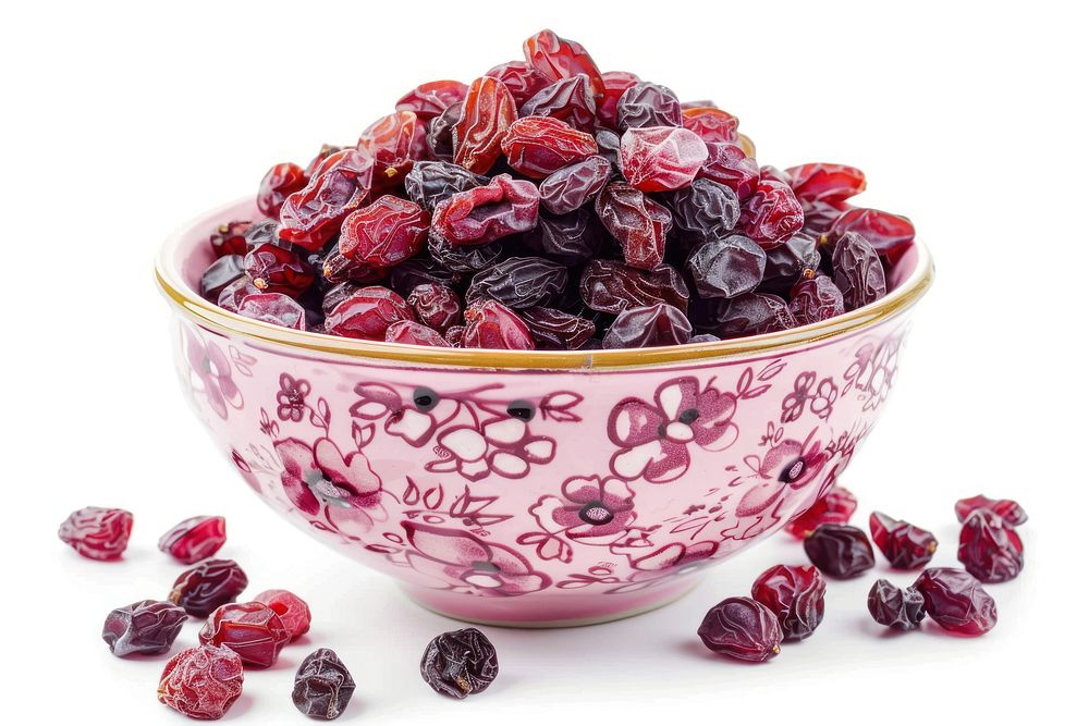 Raisins food bowl white background.