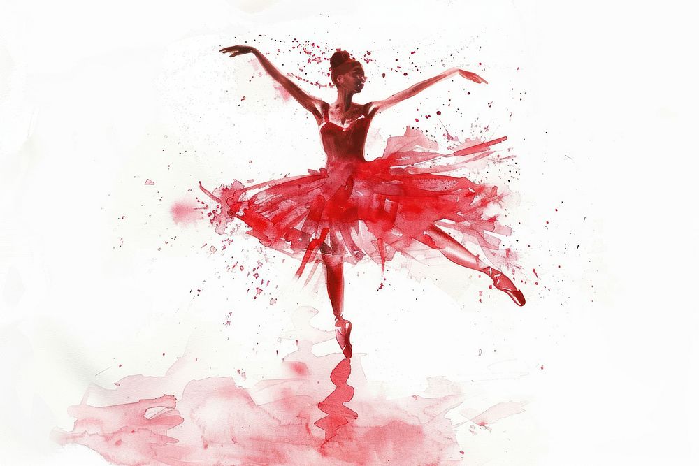 Ballerina in red dancing ballet white background.
