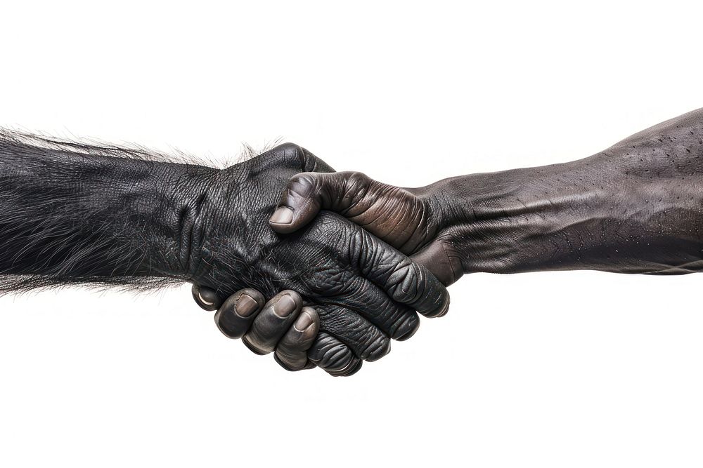 Gorila hand shaking hand human white background accessories.