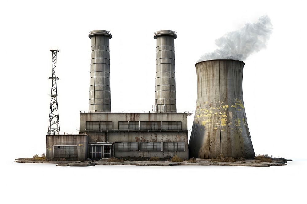 Nuclear power plant architecture factory white background.