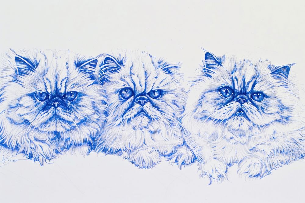 Vintage drawing persian cats animal mammal sketch.