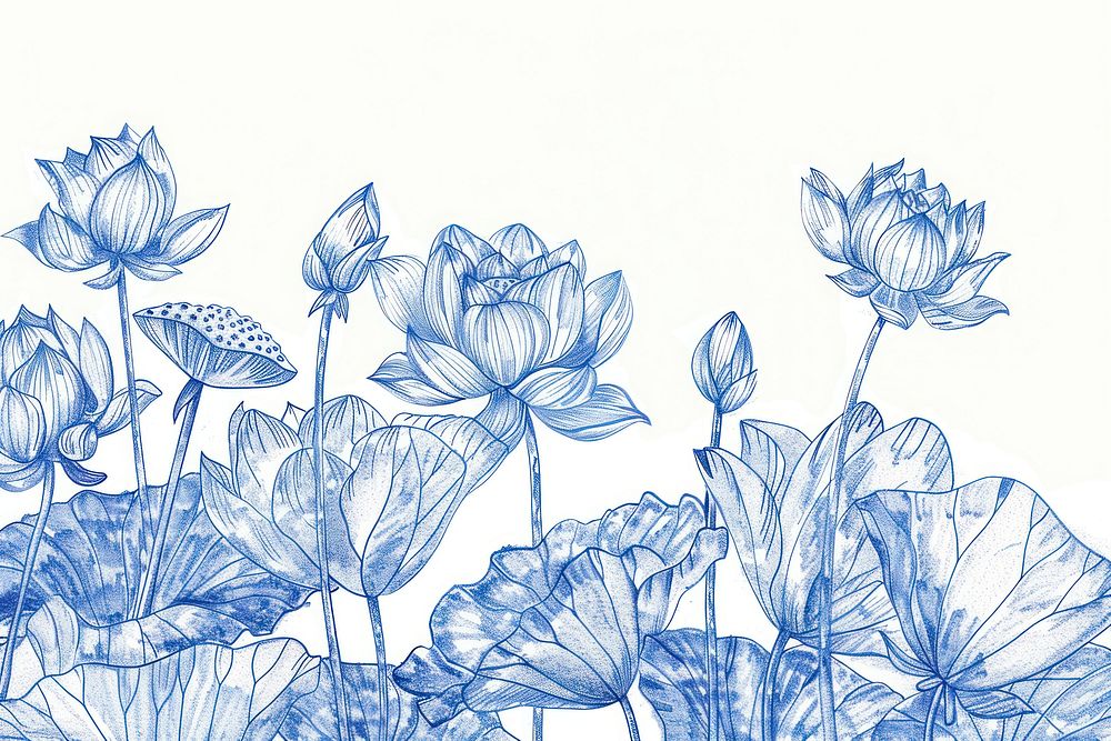 Vintage drawing lotus flowers sketch plant blue.