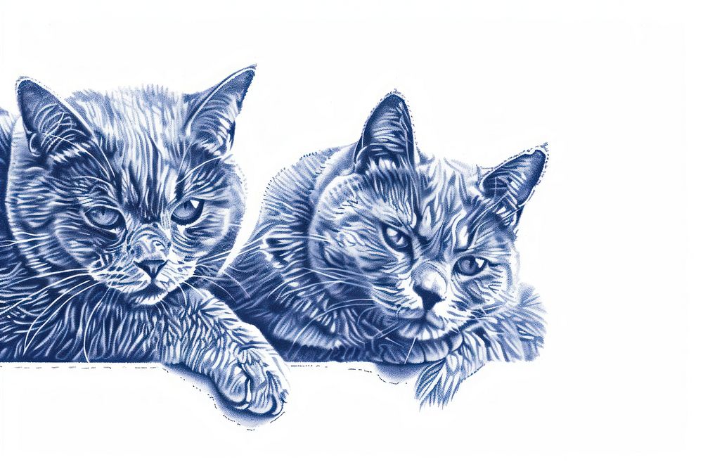 Vintage drawing companion cats mammal animal sketch.