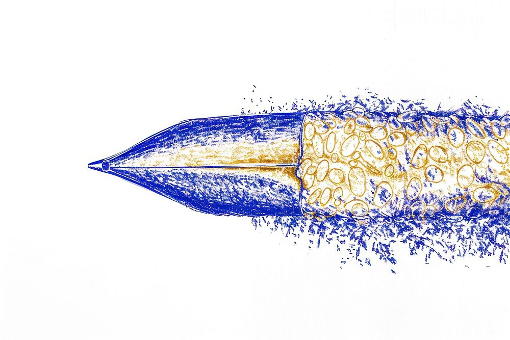Vintage drawing golden champa blue pen splattered.