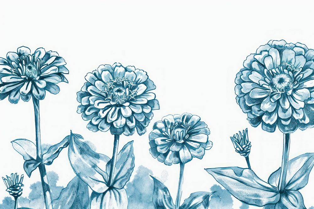Vintage drawing zinnia flowers pattern dahlia sketch.