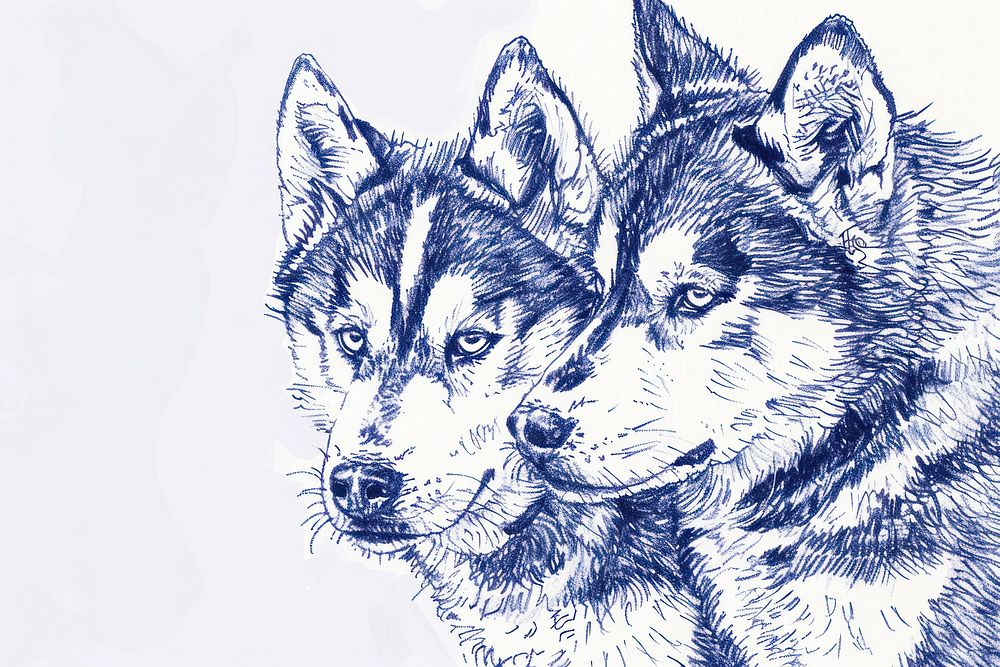 Vintage drawing husky dogs mammal animal sketch.