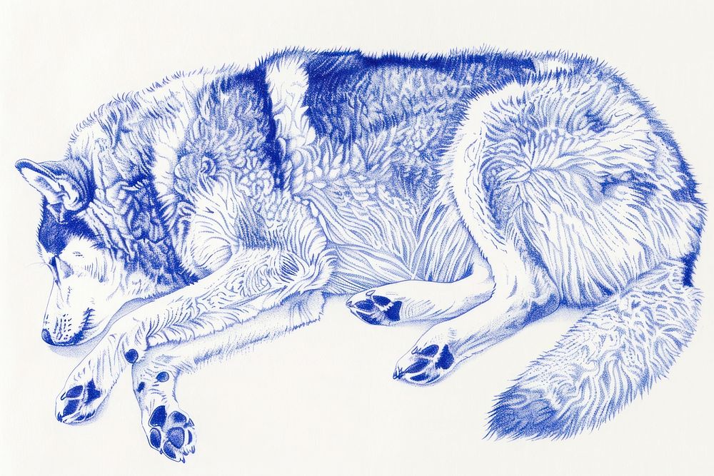 Vintage drawing husky dogs animal mammal sketch.