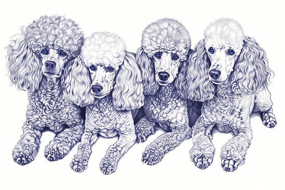 Vintage drawing miniature poodle dogs animal mammal sketch.