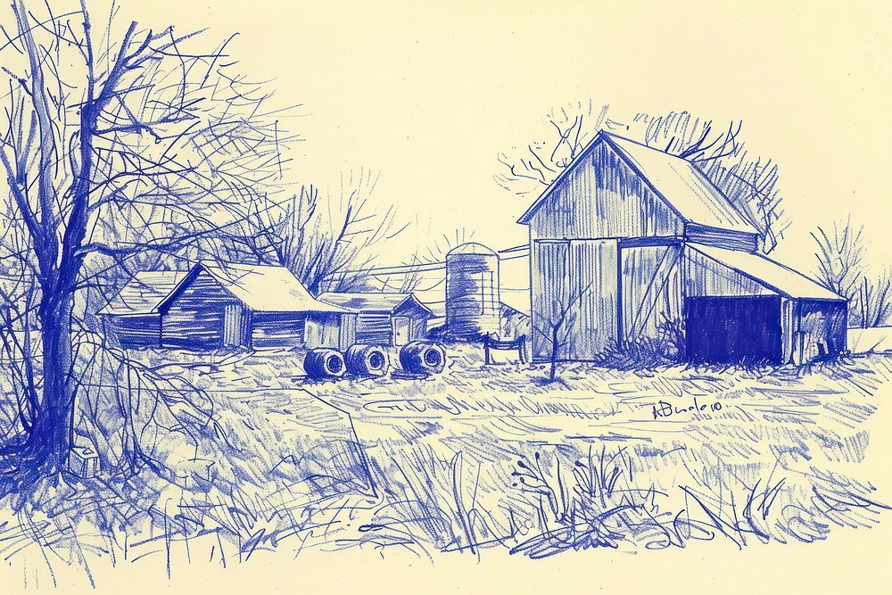 Vintage drawing farm outdoors sketch blue.