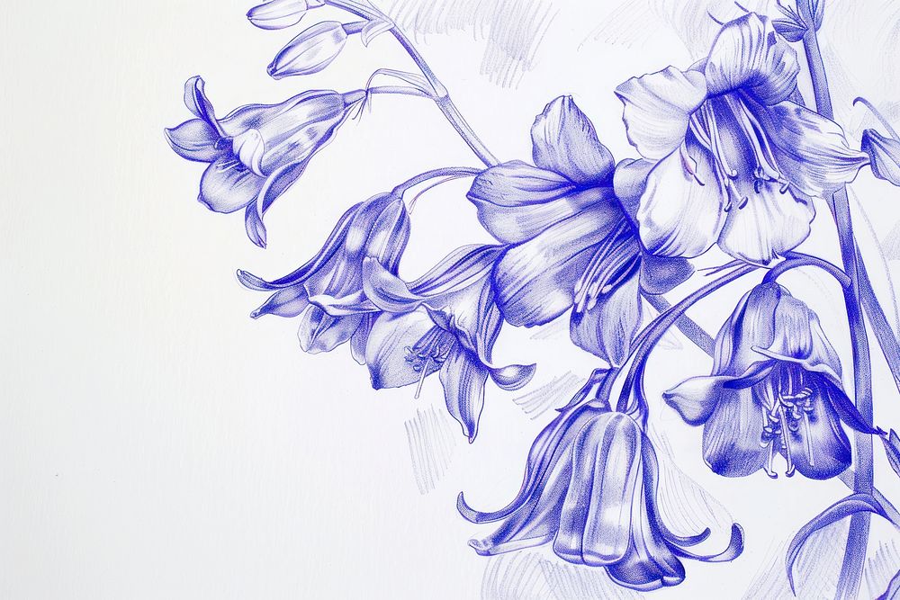 Vintage drawing bluebell flowers sketch plant art.