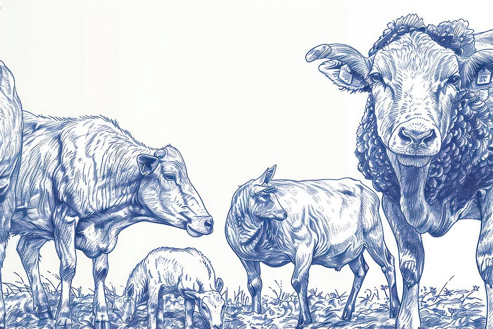 Vintage drawing farm animals livestock wildlife mammal.