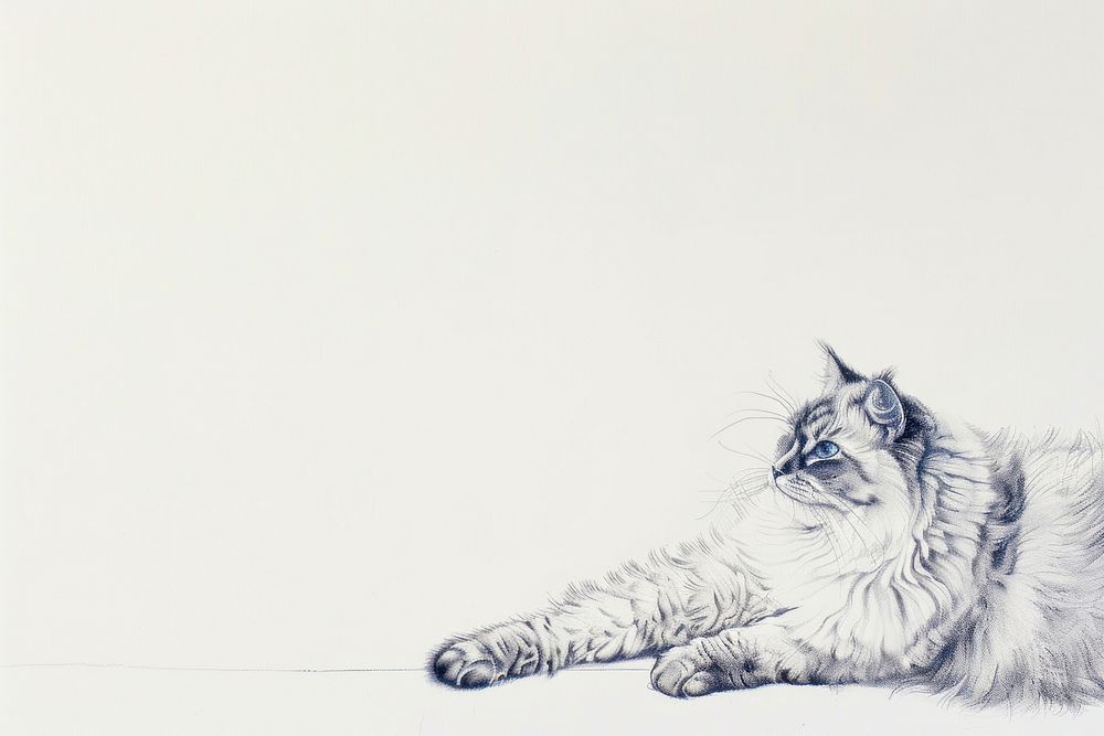 Vintage drawing ragdoll cats animal mammal sketch.