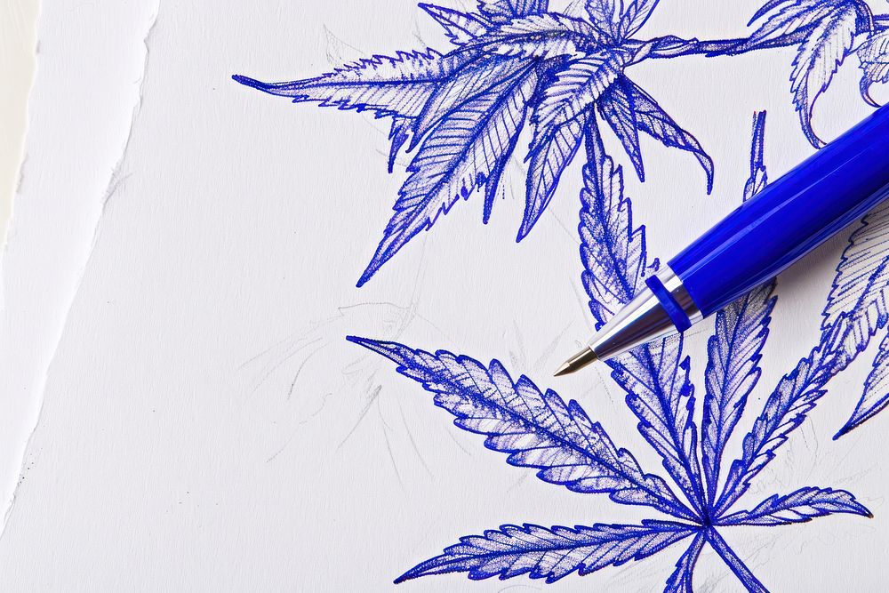 Vintage drawing cannabis flowers pen sketch paper.