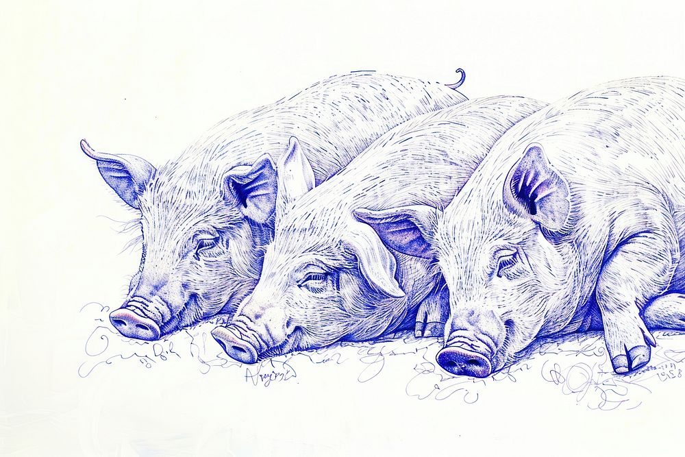Vintage drawing pigs animal mammal sketch.