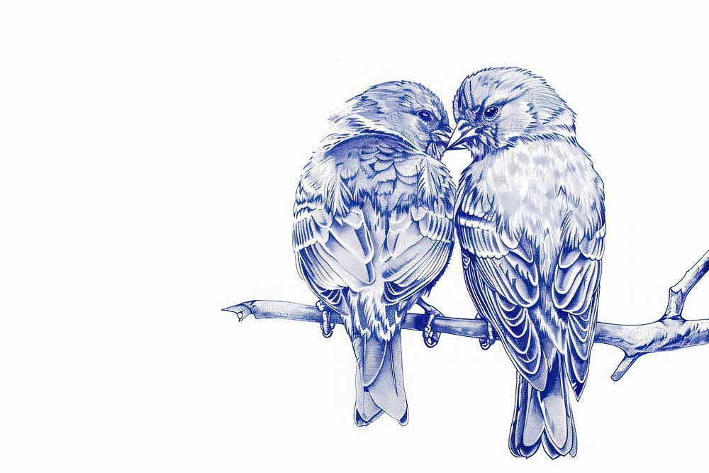Vintage drawing love birds animal sketch blue.