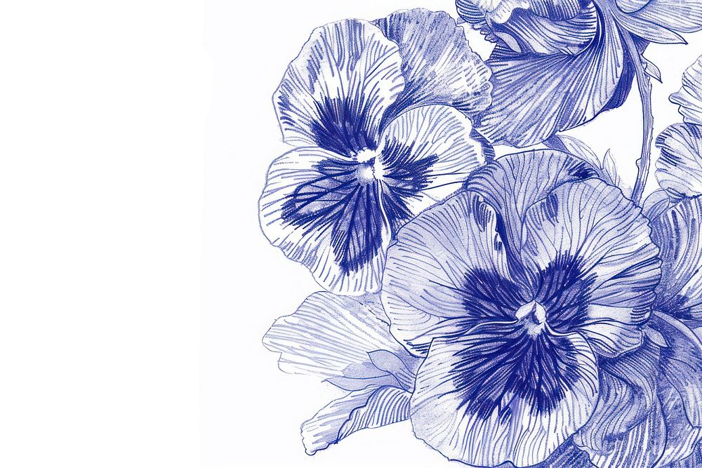Vintage drawing pansy flowers sketch plant blue.