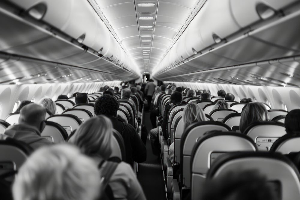 The rows and seats of an airplane full of people aircraft vehicle adult.