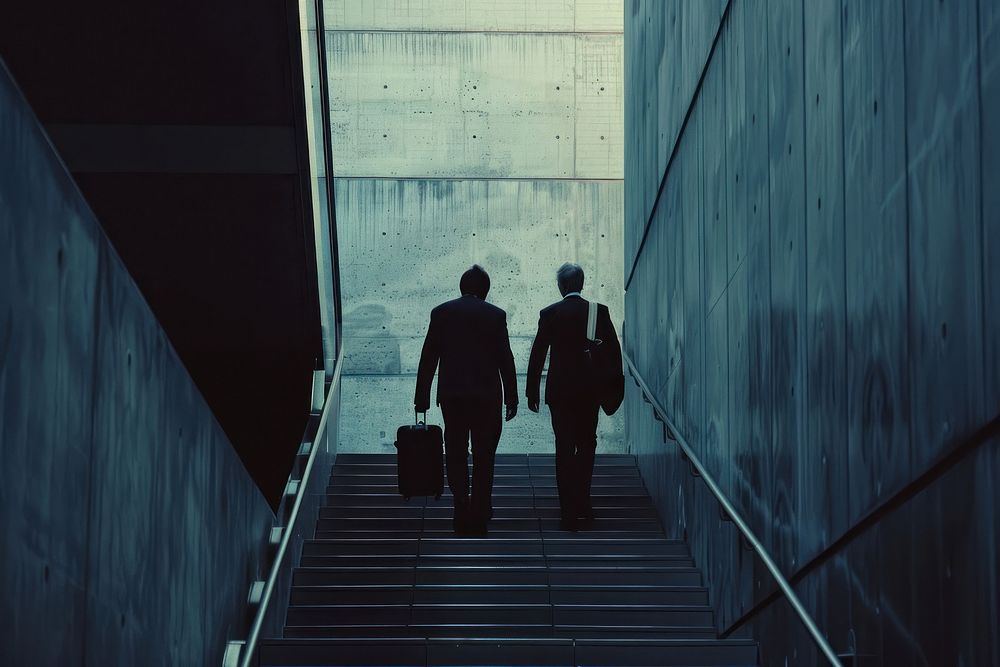 Two businessmen walk down the stairs holding suitcase architecture staircase walking.