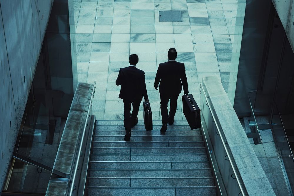 Two businessmen walk down the stairs holding suitcase walking adult infrastructure.