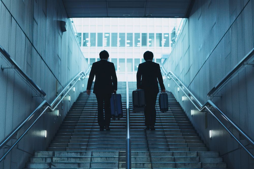 Two businessmen walk down the stairs holding suitcase architecture staircase building.