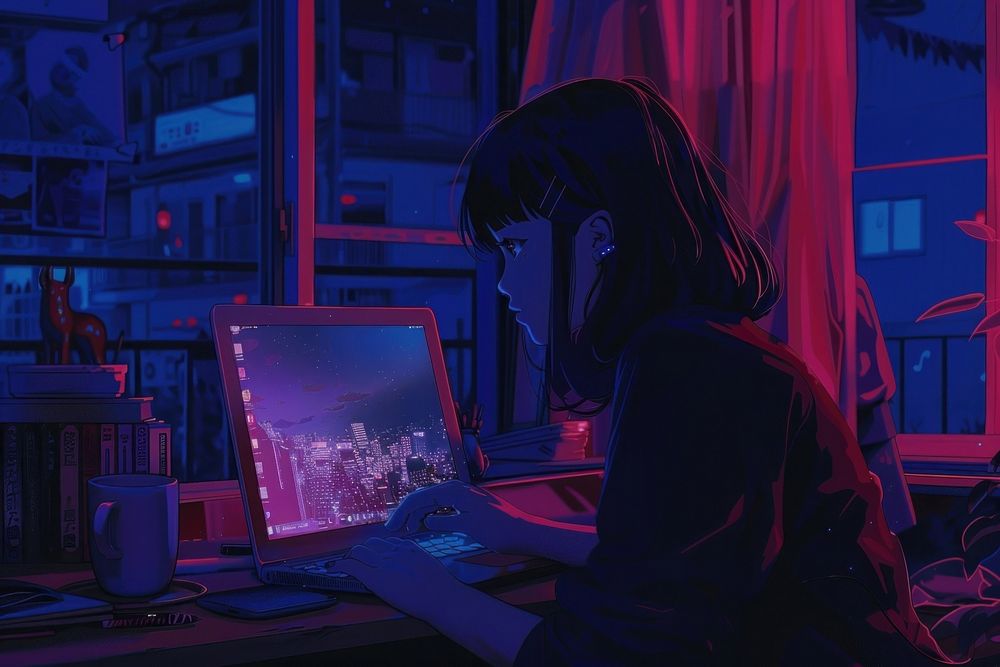 Using laptop anime architecture illuminated.