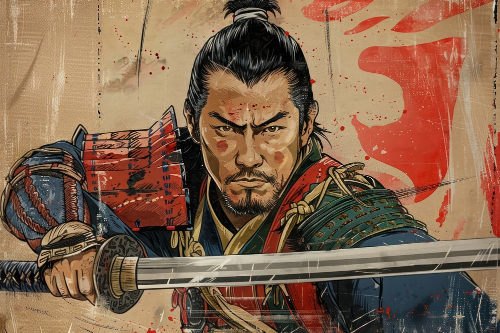 Portrait samurai architecture painting.