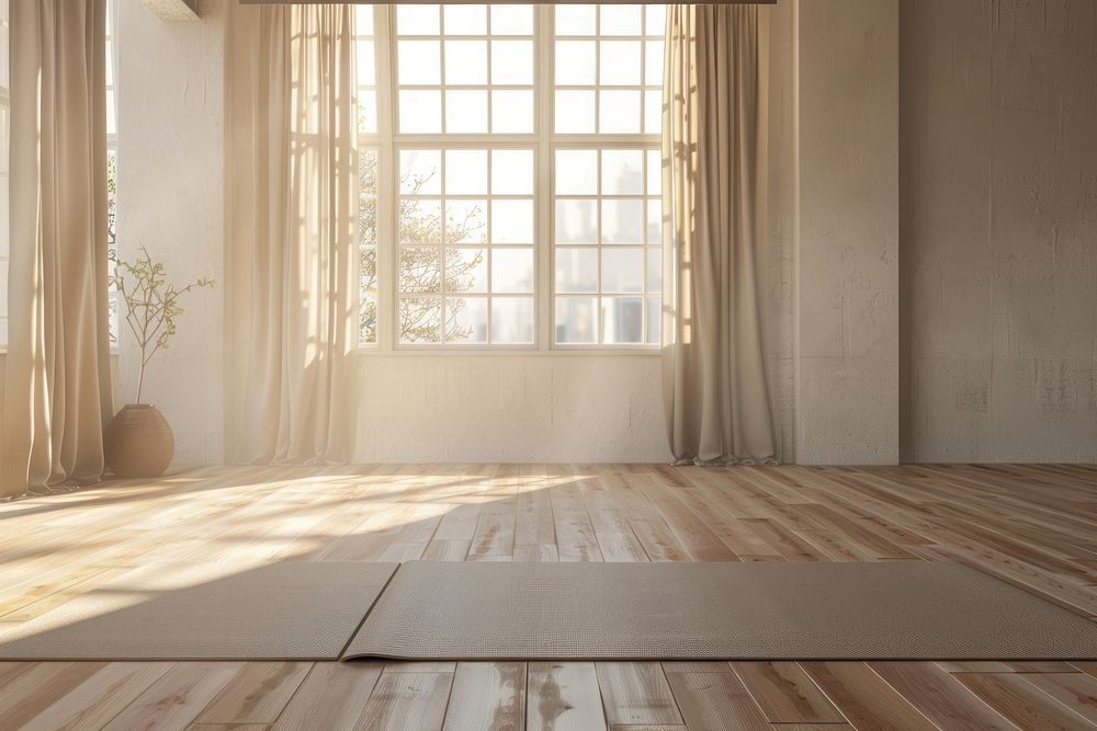 Yoga room flooring window wood.