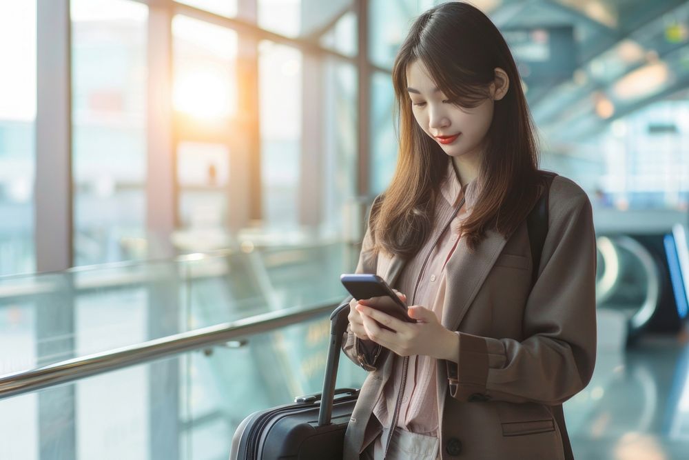 Woman with suitcase using smartphone electronics accessories executive.