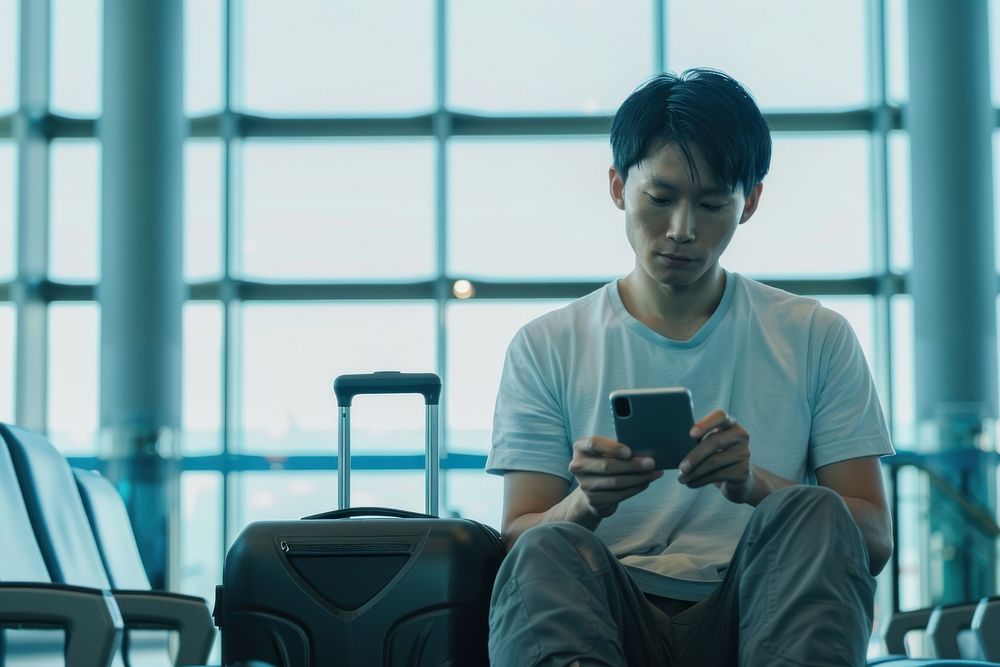 Man with suitcase using smartphone electronics clothing sitting.