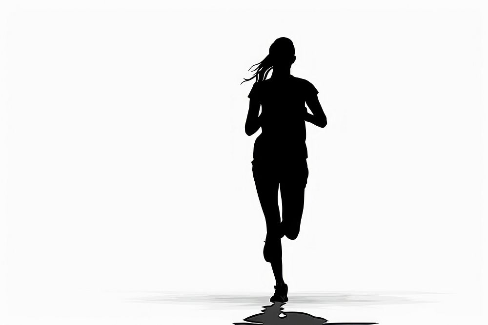 Woman running silhouette clip art black white white background.