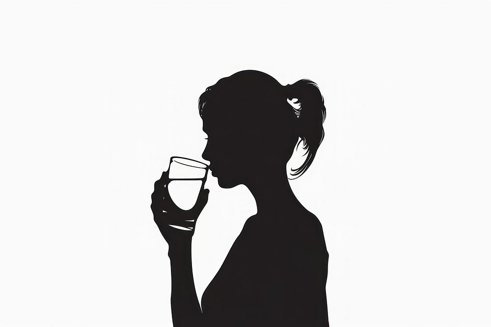Woman drinking water silhouette clip art adult black white background.