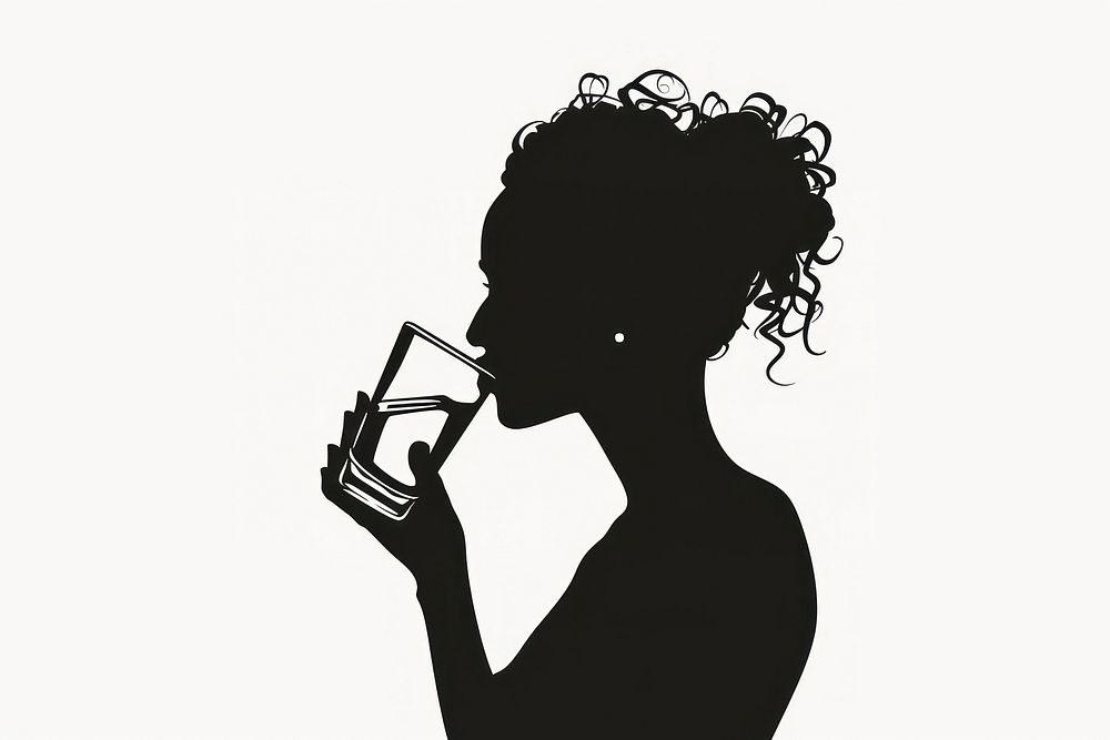 Woman drinking water silhouette clip art adult black white background.