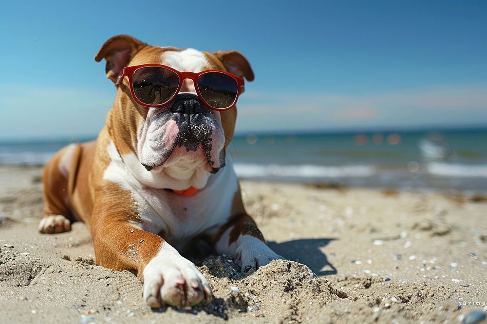 Bulldog wearing a sun glasses bulldog beach accessories.