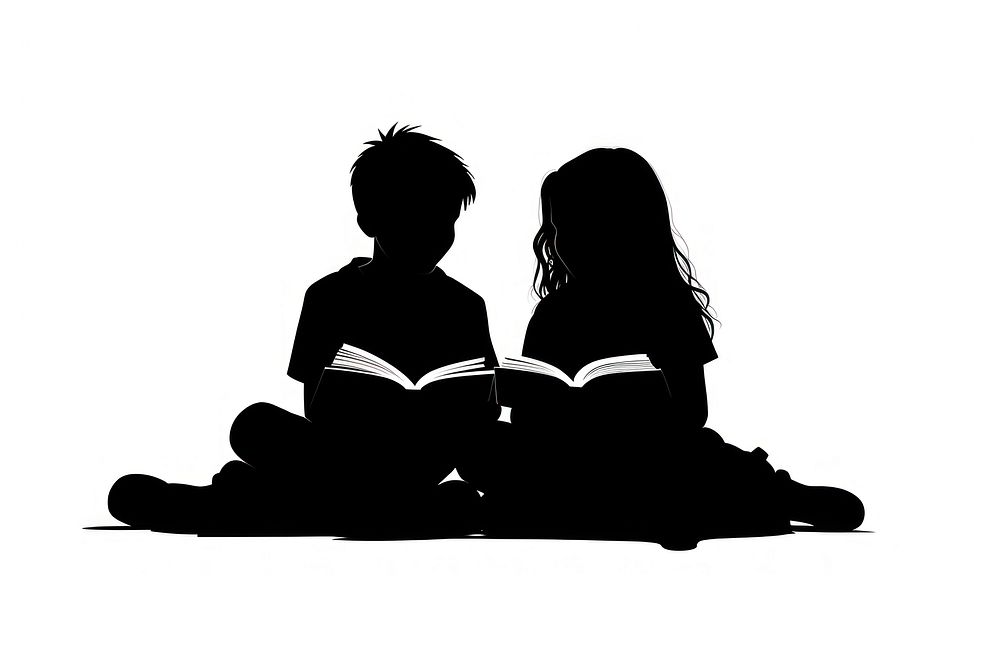Children sitting reading book silhouette person human.