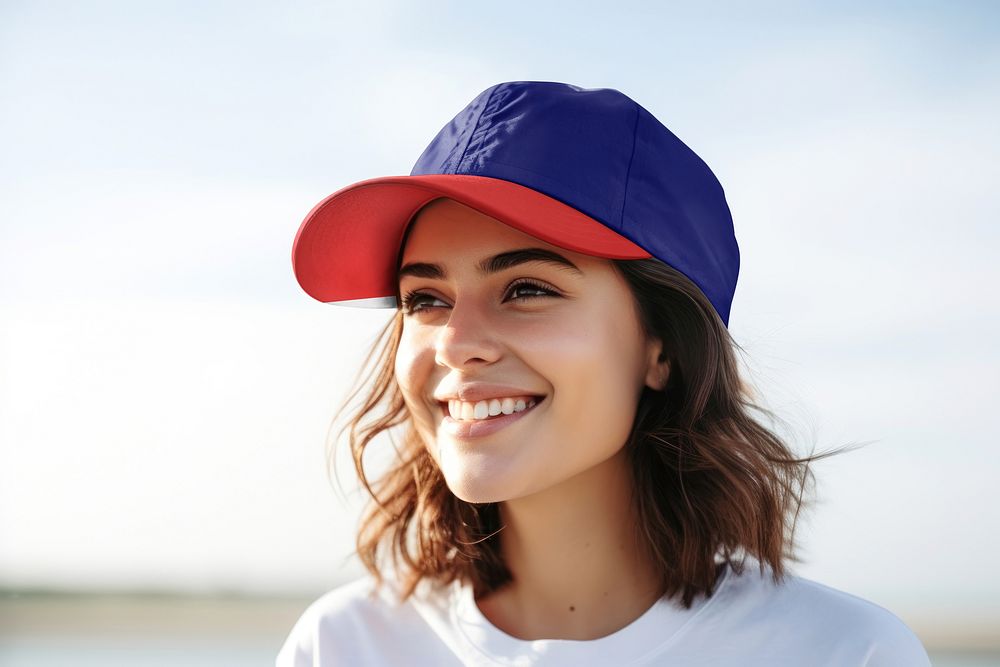 happy woman with blue cap