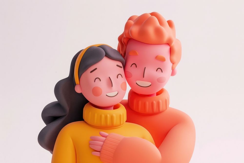 Woman and man hugging figurine cartoon doll.