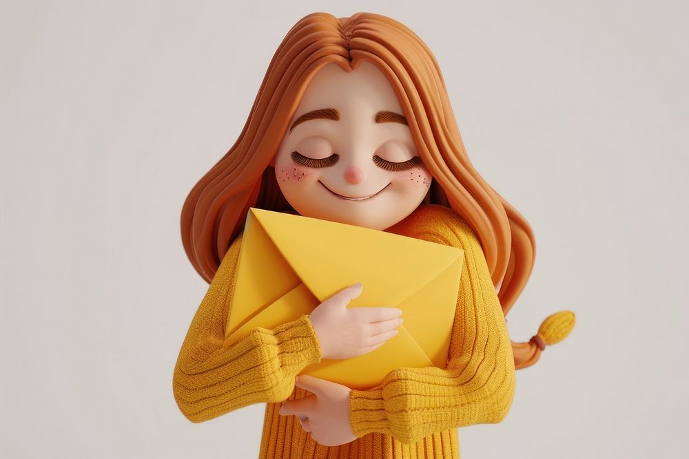 Woman hugging an envelope cartoon toy representation.